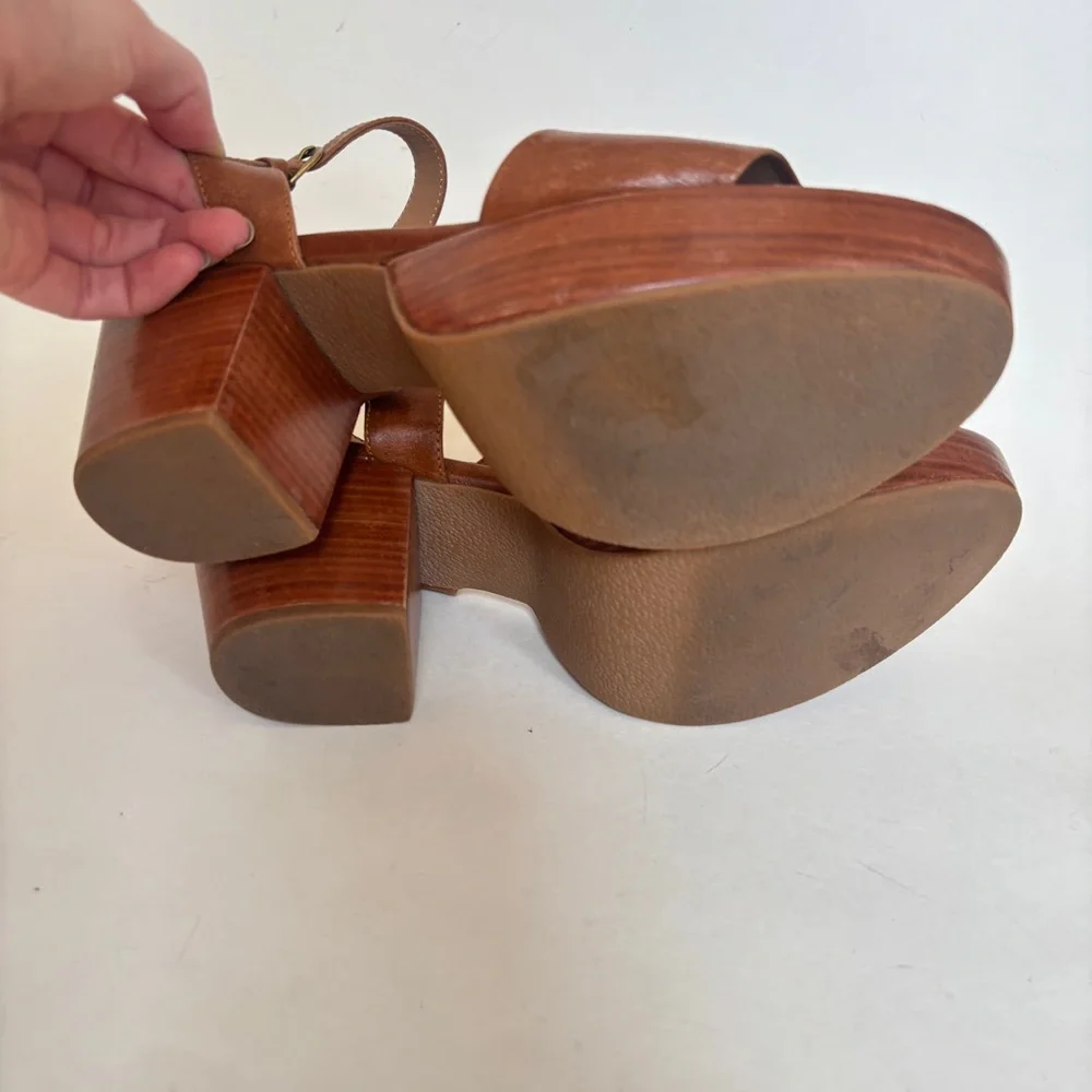 Fortress of Inca Hannah Sandals Tan Brown Block Heels Ankle Strap Leather 39 8.5
